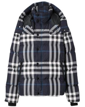 Burberry Checked Hooded Puffer Jacket - Blue