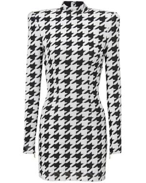 Balmain Short Houndstooth Print Velvet Dress - White
