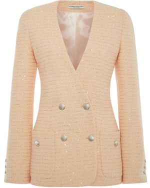 Alessandra Rich Double Breasted V-Neck Tweed Jacket - Natural