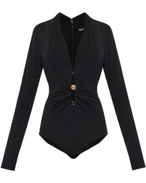 Versace Safety Pin Detailed Long-Sleeved Bodysuit - Black