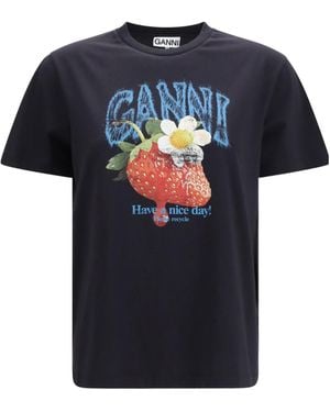 Ganni Strawberry-Printed Crewneck T-Shirt - Blue