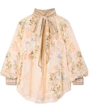 CAMILLA Pussy-Bow Floral-Print Silk-Blend Jacquard Blouse - Natural