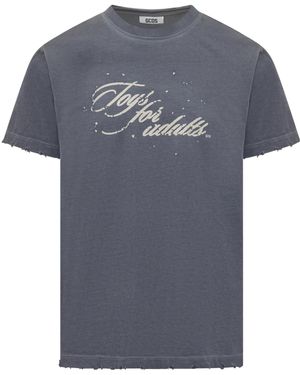 Gcds Text-Print Raw-Cut Detail T-Shirt - Gray