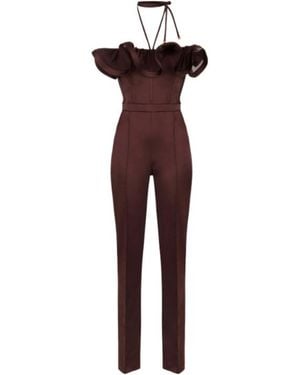 Elisabetta Franchi Maxi Ruffled Stretch Satin Jumpsuit - Purple