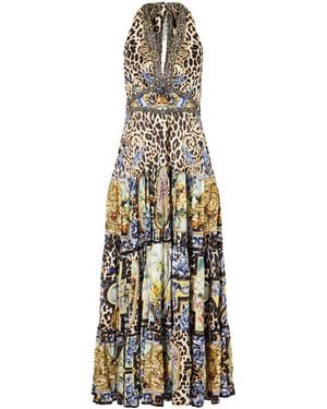 CAMILLA Tiered Crystal-Embellished Printed Jersey Maxi Dress - Metallic