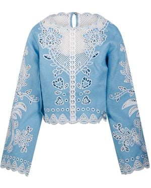 FARM Rio Romantic Richelieu Cropped Blouse - Blue