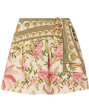 FARM Rio Belted Wrap-Effect Pleated Floral-Print Linen Mini Skirt - Natural