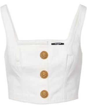 Balmain Denim Crop Top - White