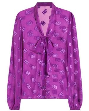 Dolce & Gabbana Logo-Jacquard Semi-Sheer Bow Blouse - Purple