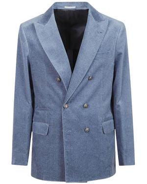 Brunello Cucinelli Denim-Effect Cotton Velvet One-And-A-Half Breasted Tailor Blazer With Metal Buttons - Blue
