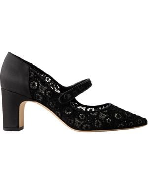 Manolo Blahnik Satin-Trimmed Lace Mary Jane Pumps - Black