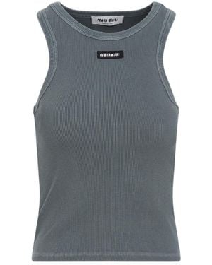 Miu Miu Garment-Dyed Ribbed Knit Jersey Top - Grey