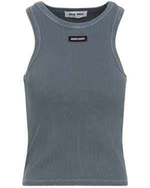 Miu Miu Garment-Dyed Ribbed Knit Jersey Top in Natural | Lyst
