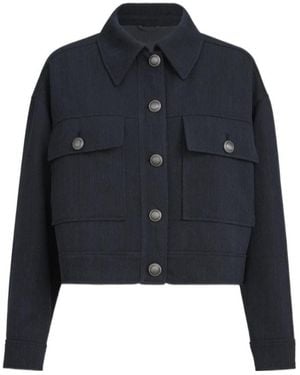 Brunello Cucinelli Virgin-Wool Crêpe Chevron Cropped Outerwear Jacket With Monili - Blue