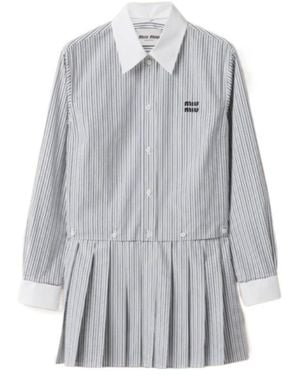 Miu Miu Pleated Striped Poplin Mini-Dress - Gray