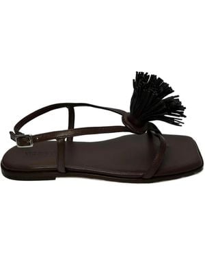 Vic Matié Fringed-Pom-Pom Flat Sandals - Black