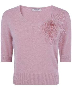 Twinset Feather-Embellished Knit Top - Pink