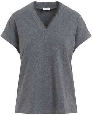 Brunello Cucinelli Embellished V-Neck T-Shirt - Gray