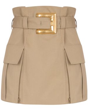 Balmain High-Waisted Gabardine Skirt - Natural