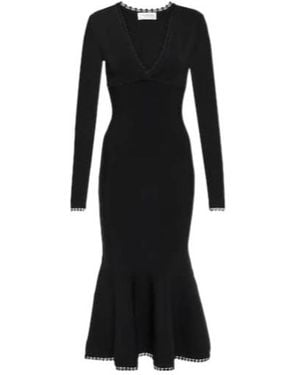 Victoria Beckham Long-Sleeved V-Neck Midi Dress - Black