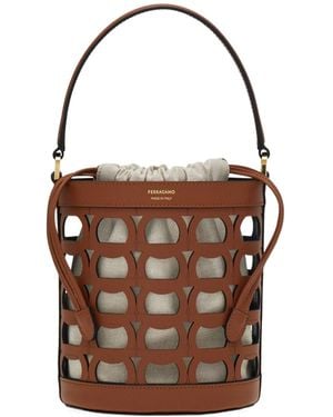 Ferragamo Ferragamo Logo Printed Cut Out Bucket Bag - Brown