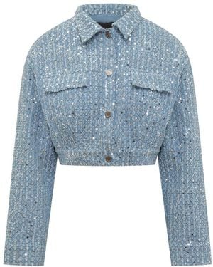 ROTATE BIRGER CHRISTENSEN Embellished Cropped Denim Jacket - Blue