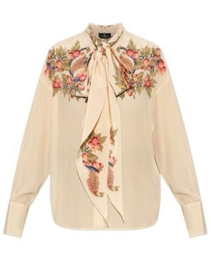 Etro Silk Shirt With Silk Scarf And Placed Floral Print - Natural