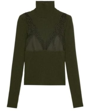 Blumarine Dolcevita Lace-Insert Ribbed Turtleneck Top - Green
