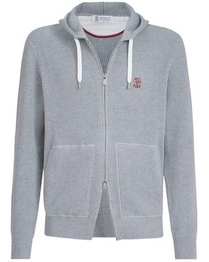 Brunello Cucinelli Cotton English Rib Knit Hooded Sweatshirt With Logo And Zipper - Grey