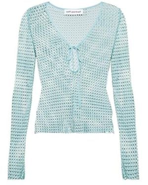 Self-Portrait Crystal-Embellished Mesh Top - Blue