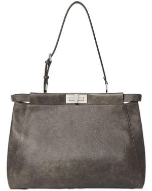 Fendi My Peekaboo Large Vintage-Effect Leather Bag - Gray