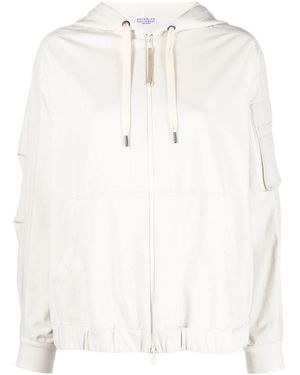 Brunello Cucinelli Jersey-Knit Drawstring Zipped Hoodie - White