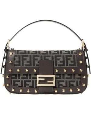 Fendi Baguette 26424 Ff Zucca Jacquard Bag With Studs - Black