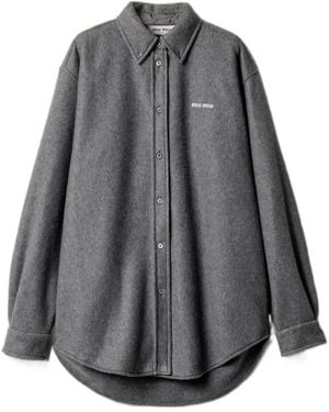 Miu Miu Logo-Embroidered Oversized Poplin Shirt - Gray