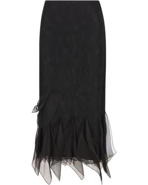Valentino Lace Ruffled Hem Midi Skirt - Black