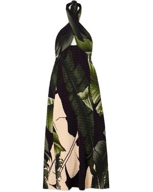 Johanna Ortiz Printed Plissé-Satin Halterneck Midi Dress - Black