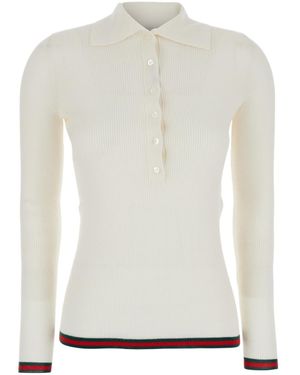 Gucci Ribbed Knit Long-Sleeve Polo Shirt - White