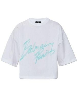 Balmain Graphic Printed Cropped T-Shirt - Blue