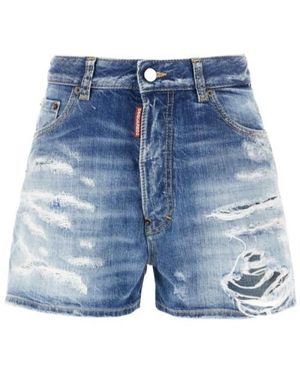 DSquared² Logo Patch Distressed Denim Shorts - Blue