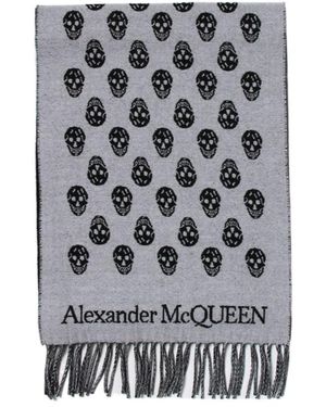 McQueen Skull Intarsia Knitted Fringed Scarf - Grey