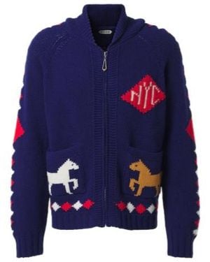 Bode Diamond Corral Wool Zip-Up Cardigan - Blue