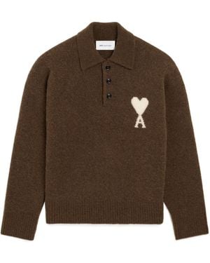 Ami Paris Ami Ami De Coeur Knitted Polo Shirt - Brown