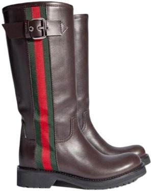 Gucci Biker Boot With Web - Brown