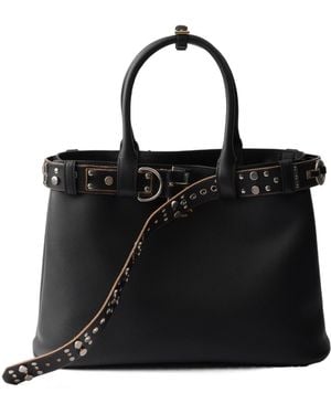 Prada Buckle Large Leather Bag With Studded Belt - Black