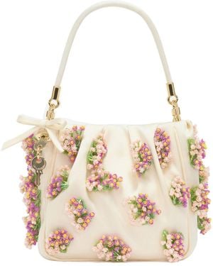Self-Portrait Cream Satin Floral Beaded Tote Bag - Natural