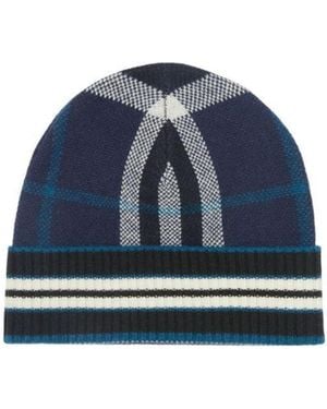 Burberry Check And Stripe Beanie - Blue