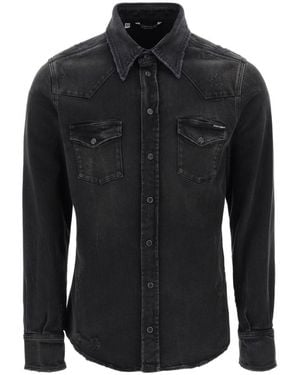 Dolce & Gabbana Distressed Denim Buttoned Shirt - Black