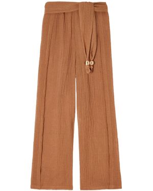 Lisa Marie Fernandez Embellished Belted Crinkled Linen-Blend Gauze Trousers - Brown