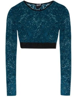 Versace Jeans Couture Couture Long Sleeved Floral-Lace Cropped Top - Blue