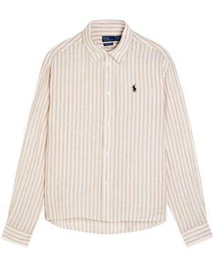 Polo Ralph Lauren Logo-Embroidered Striped Cropped Linen Shirt - Natural